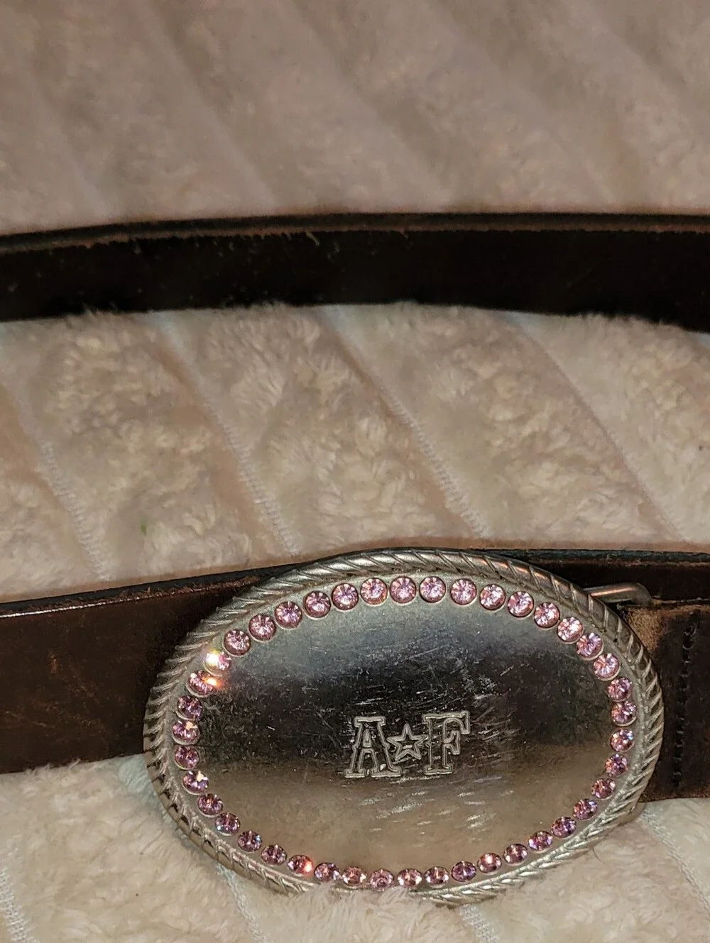 Abercrombie & Fitch Brown Leather Belt with Pink Crystal-Trim Buckle